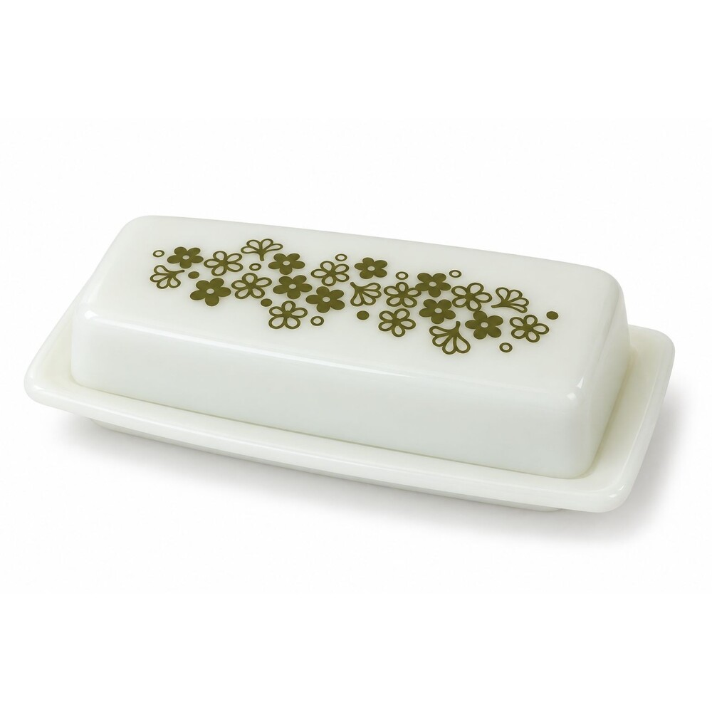 Vtg Pyrex Crazy Daisy Butter Dish 72-B Cover Lid Milk Glass Olive Green USA Made